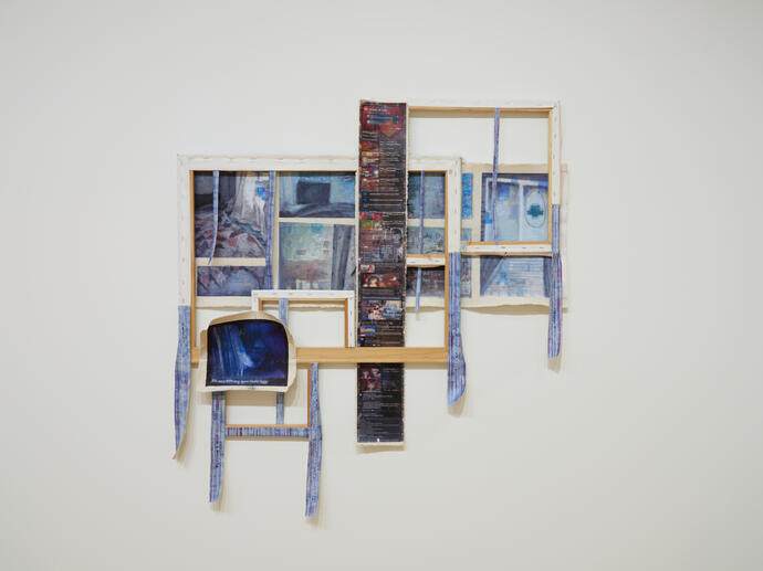 "NSEW Content" 44 ½ x 41 ½ in, acrylic transfer & oil on canvas, 2024