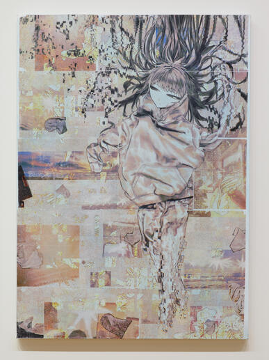 "forget me not" 32 ½ x 45 in, acrylic transfer & oil on canvas, 2024