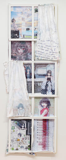 "Dissolved into fiction, my easygoing second life with plastic love" 24 x 74 ¾ in, acrylic transfer on cotton, 2025