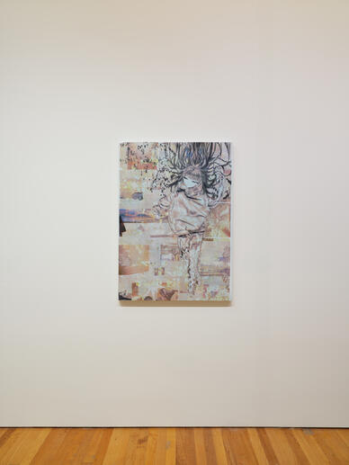 "forget me not" 32 ½ x 45 in, acrylic transfer & oil on canvas, 2024