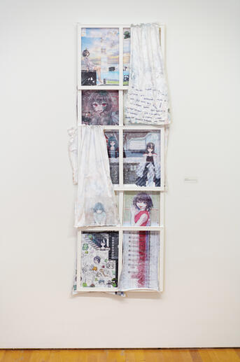 "Dissolved into fiction, my easygoing second life with plastic love" 24 x 74 ¾ in, acrylic transfer on cotton, 2025