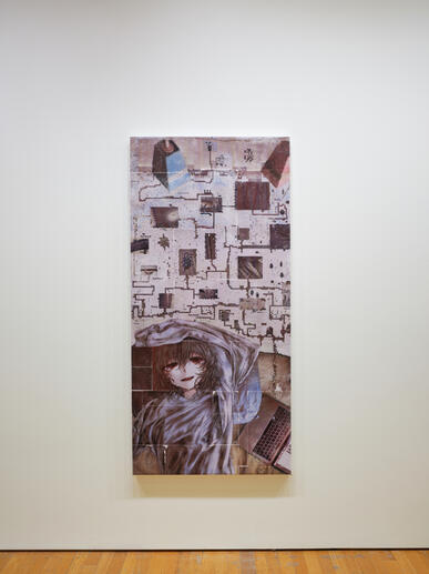 "but zero games goals no goals yet games goals the end" 32 ½ x 68 in, acrylic transfer on canvas, 2025