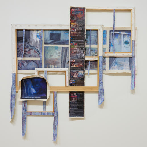 "NSEW Content" 44 ½ x 41 ½ in, acrylic transfer & oil on canvas, 2024