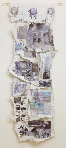 "oh, to not be perceived" 48 x 111 in, acrylic transfer on cotton, 2025